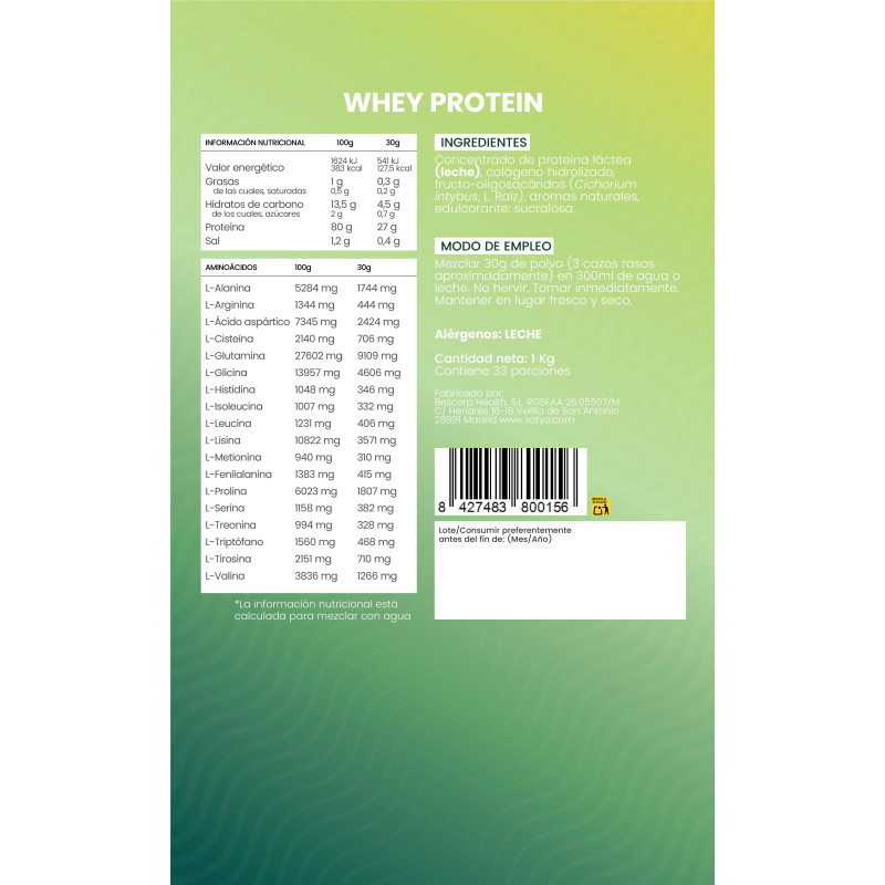 Proteina Whey de suero de leche vainilla Doypack 1 kg Sotya