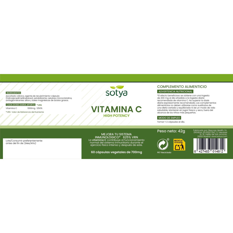 Vitamina C High potency 700 mg 60 capsulas Sotya