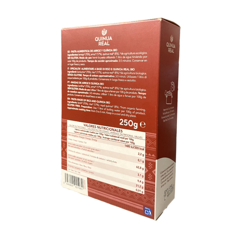 Pasta proteica de quinoa real, arroz y lentejas Bio 250g Quinua Real