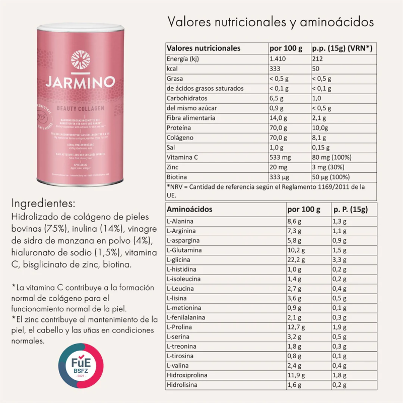Colageno Beauty con acido hialuronico sin sabor 450g Jarmino