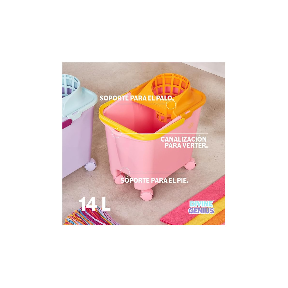 Cubo con escurridor con ruedas 100% reciclado Sunrise	 Happy Rainbow