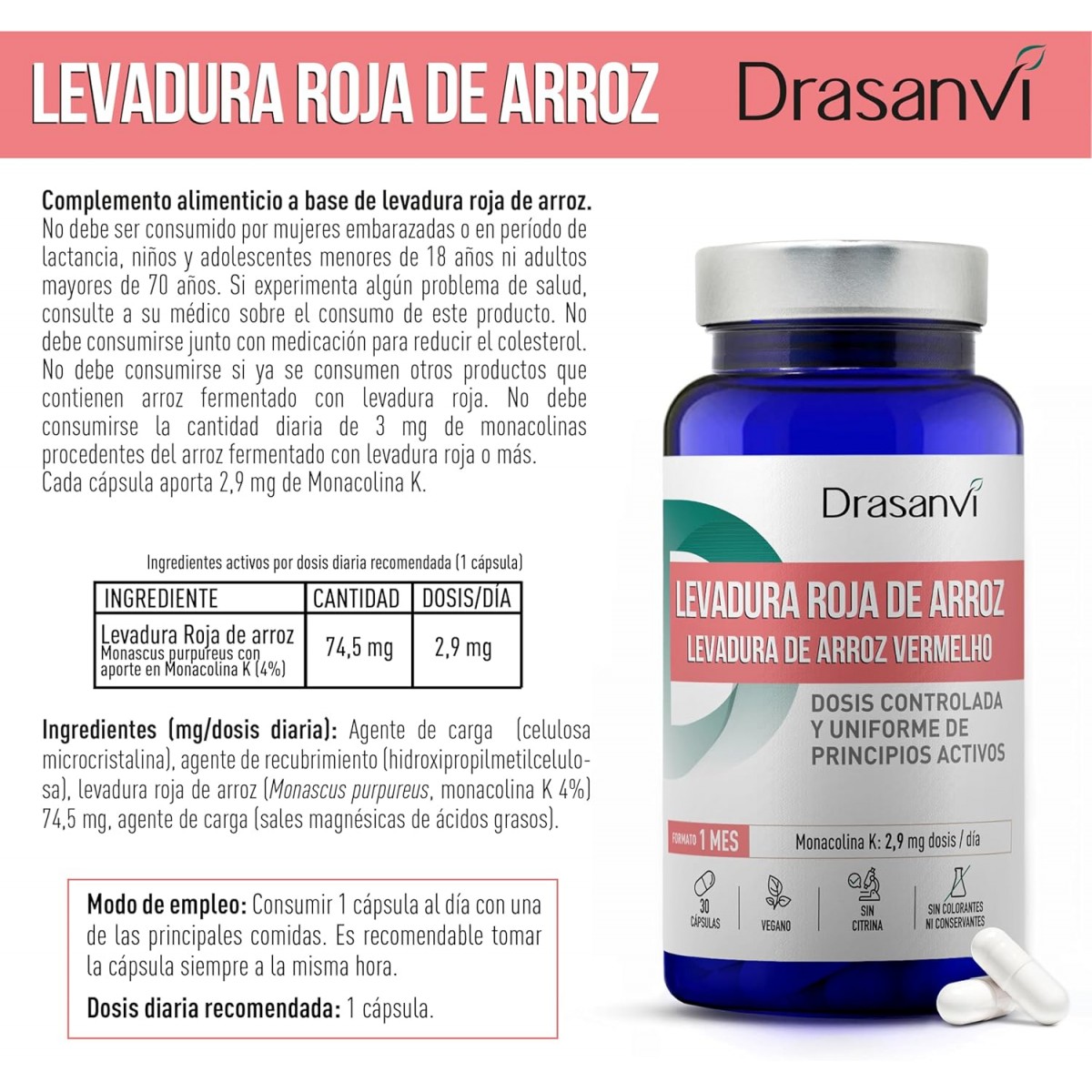 Levadura roja arroz 2.9mg monacolina bote 30 caps nutrabasicos Drasanvi