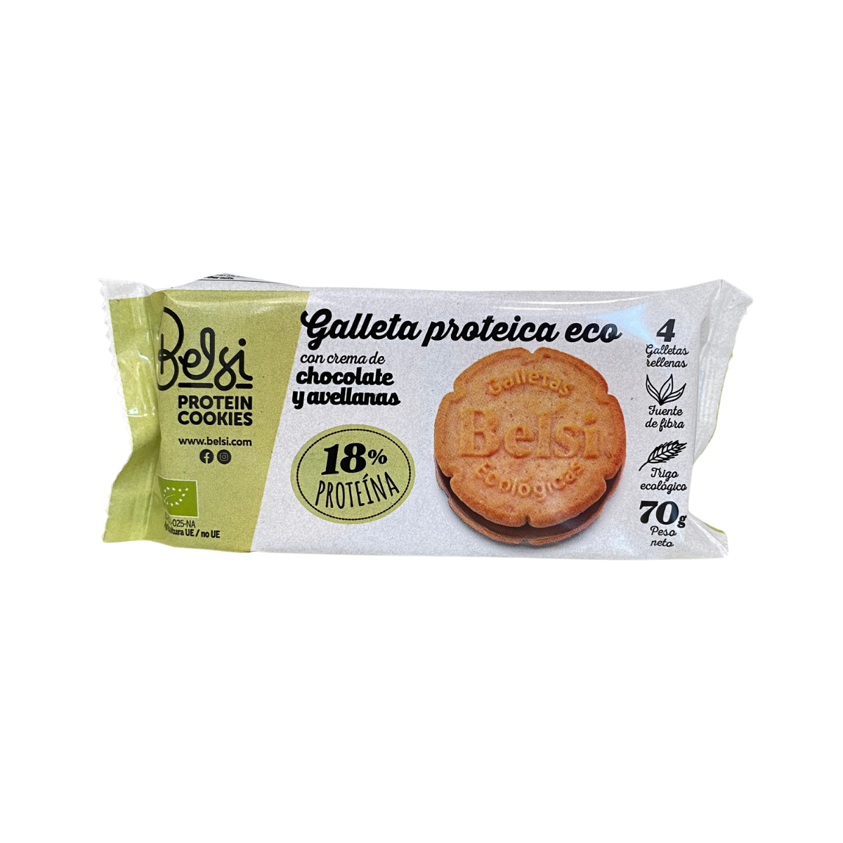 Galleta proteica rellena choco avellana bio 16x70g Belsi