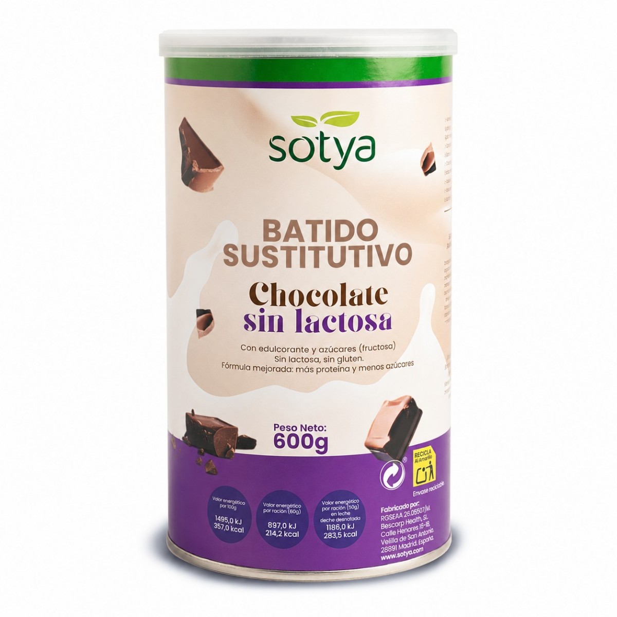 Batido sutitutivo saciante Chocolate Sin Lactosa 600g Sotya