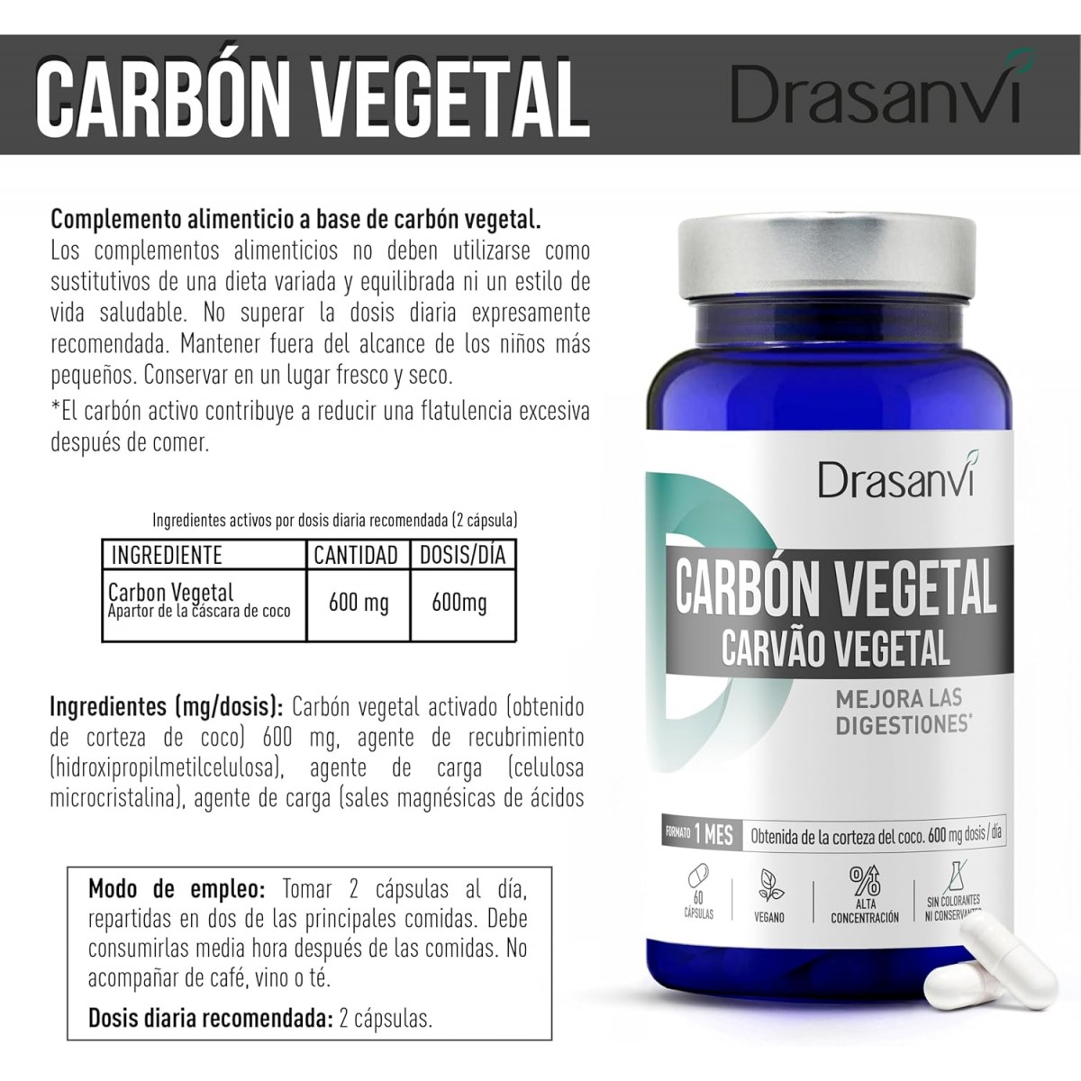 Carbon vegetal 60 capsulas Drasanvi