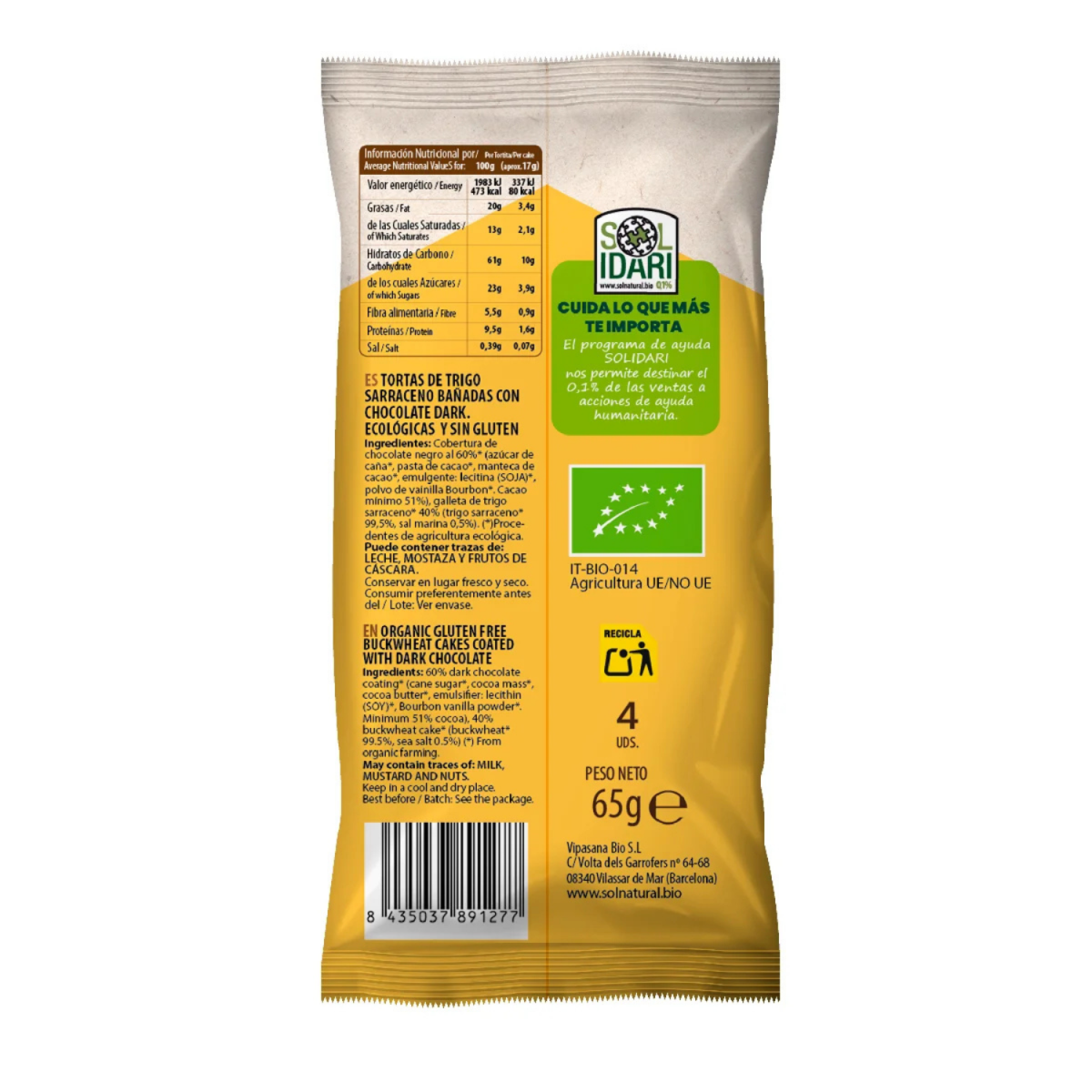 Tortas de Trigo Sarraceno con chocolate dark Bio 65g Sol Natural