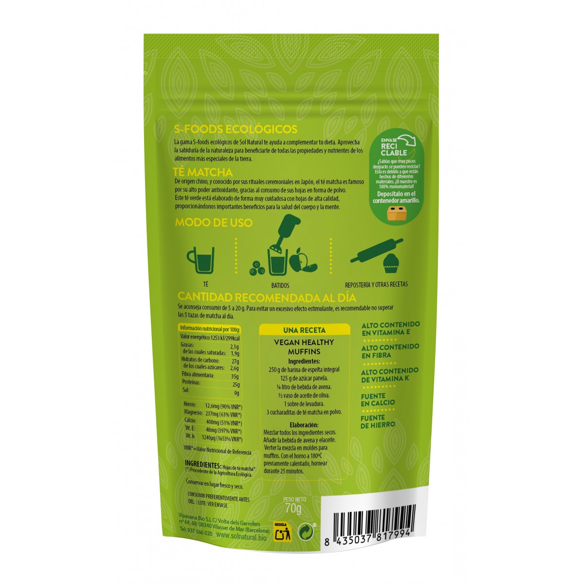 Matcha en polvo Bio 70g Sol Natural