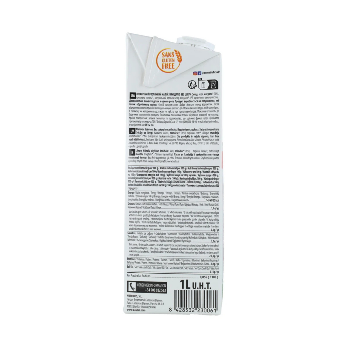 Bebida de almendra nature Sin Azucar Bio 6x1L Ecomil
