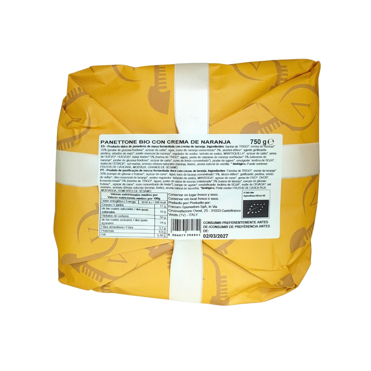 Panettone de naranja relleno de crema Bio 750g Pasticceria Venecia