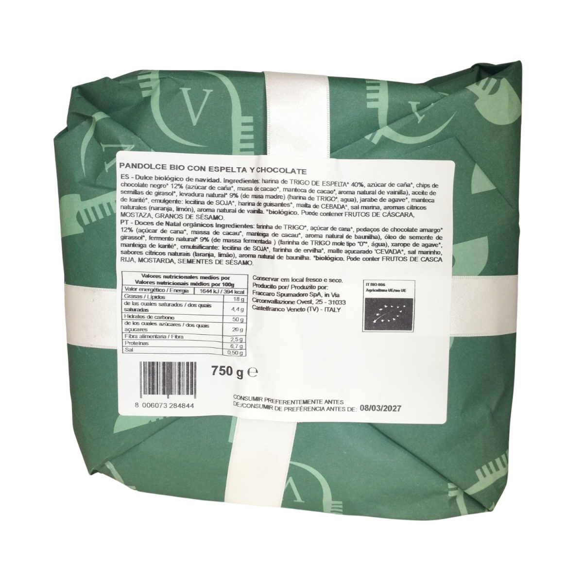 Panettone espelta y chocolate Bio vegan 750g Pasticceria Venecia