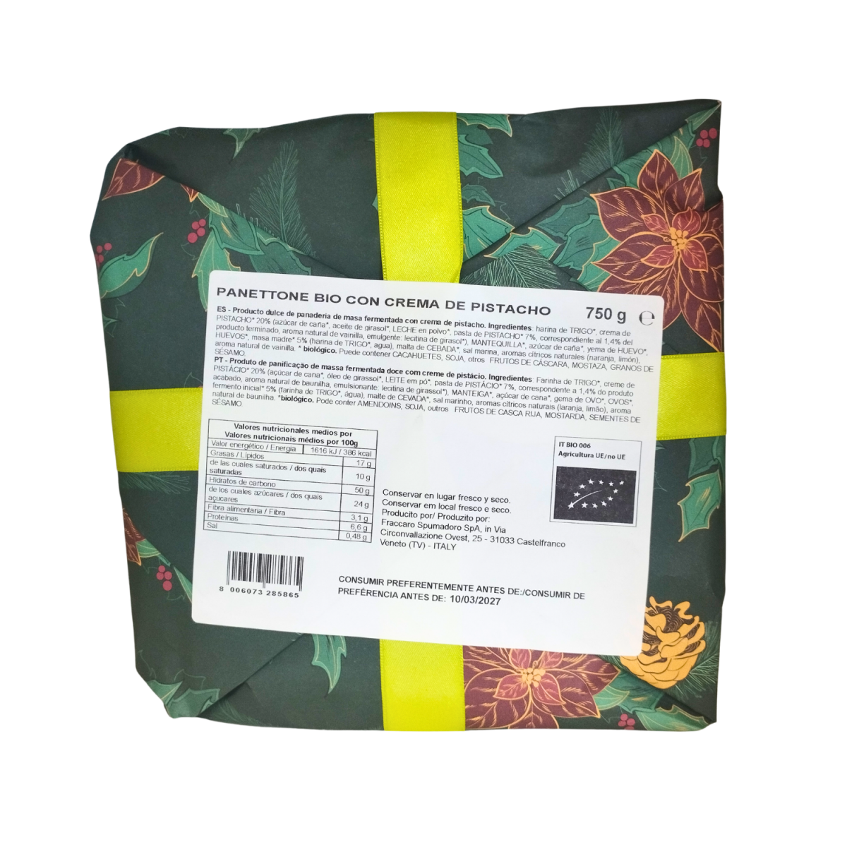 Panettone relleno de crema pistacho Bio 750g Pasticceria Venecia